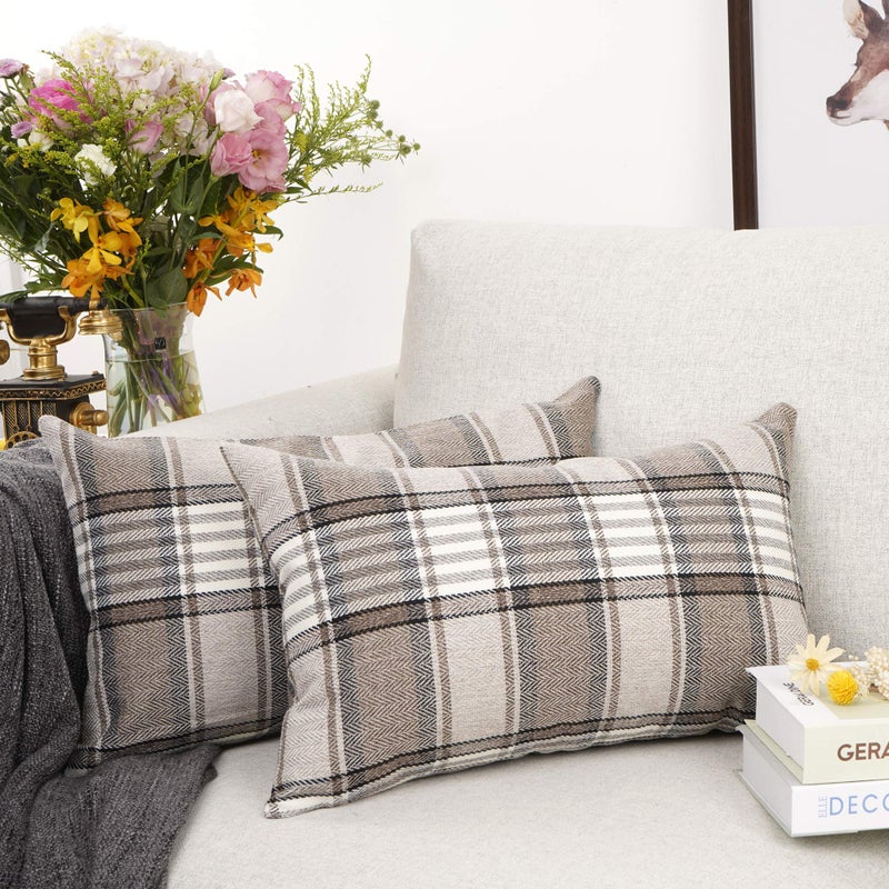 YOUR SMILE Set of 2 Retro Farmhouse Outdoor/Indoor Buffalo Tartan Chequer Stripe Plaid Cotton Linen Decorative Throw Pillow Case Cushion Cover Pillowcase for Sofa Chair,Brown, 12x20inch - Image 2